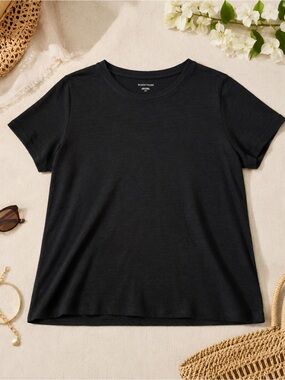 EILEEN FISHER Black Organic Linen Crew Neck Tee Small Petite